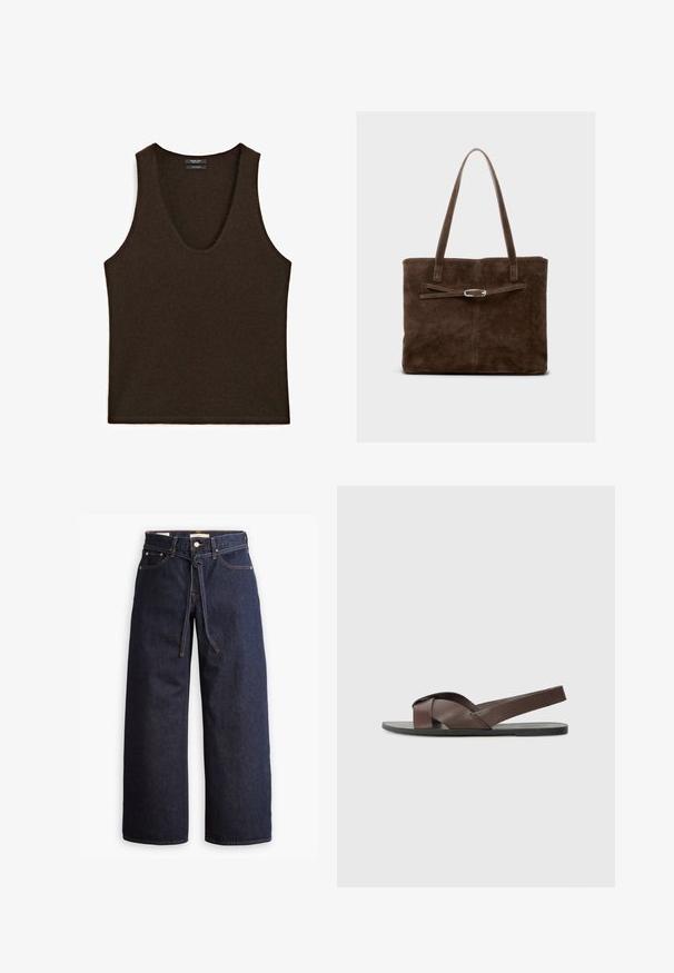 Søløs mørkebrun cashmere tanktop med rund udskæring, laid flat.; Bredde ben mørkeblå denim jeans med høj talje, der har snoretræk, fem lommer og kontrastsyet detaljer.; Brune lædersandal med krydsremdesign, flad sort såle og justerbar bagrem. Glat tekstur og minimale hardwaredetaljer.; Brun ruskinds tote bag med lange håndtag, der har et fladt design og en dekorativ rem med accent i sølvfarvet metal.