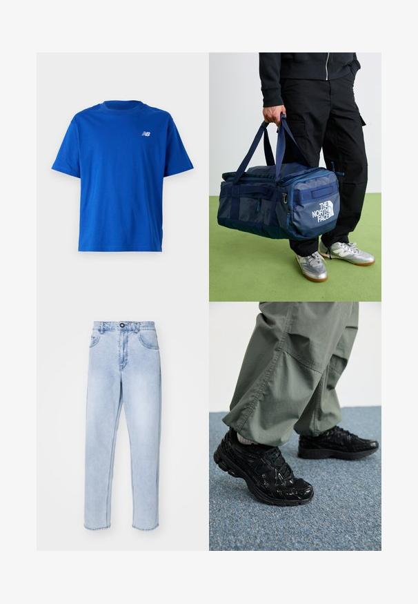 T-shirt in cotone blu con scollatura rotonda e maniche corte. Presenta un piccolo logo bianco "NB" sul petto. Design semplice, senza fantasie.; Jeans in denim blu chiaro con taglio dritto, dotati di chiusura con bottone, tasche laterali e orlo pulito senza decorazioni.; Sneaker atletici neri con texture lucida e in rete, dotati di una suola spessa e lacci, abbinati a pantaloni cargo larghi verde oliva.; Persona in pantaloni neri e sneakers argentati che porta una borsa a tracolla blu di The North Face per manici, su un pavimento verde.