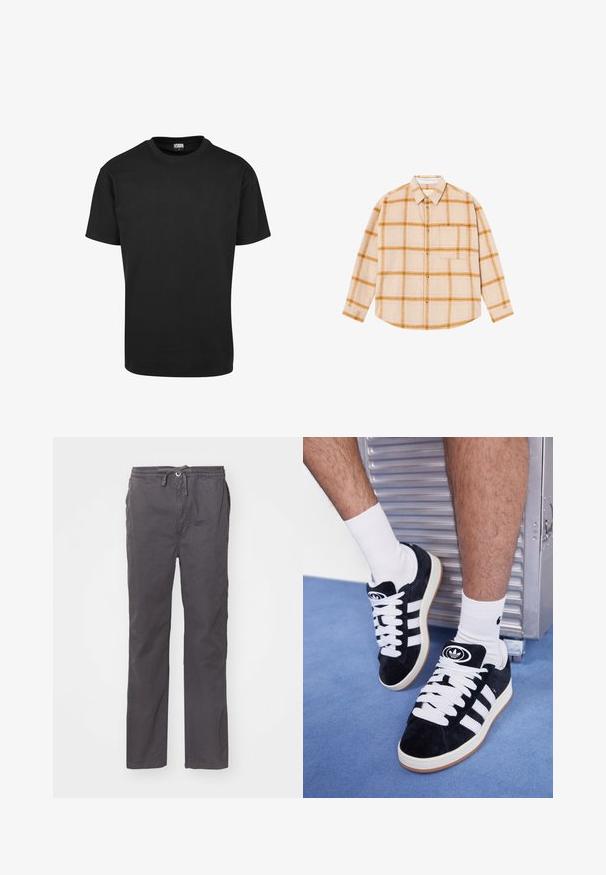 Fekete pamut póló kerek nyakkivágással, rövid ujjakkal és egyenes aljjal. Simaság jellemzi; egyszerű, díszítetlen dizájn.; Beige színű, sárga és barna kockás, hosszú ujjú ing, gombos kialakítással, egy darab mellzsebbel, textúrált anyagból készült.; Szürke, könnyű anyagú nadrág, elnyelő szabással, rugalmas derékkal és húzózsinórral, oldalsó zsebekkel és sima, puha tapintással.; Fekete velúr sportcipők fehér fűzőkkel és három fehér csíkkal. A nyelvén egy kör alakú fekete logó található, valamint egy gumis talp.