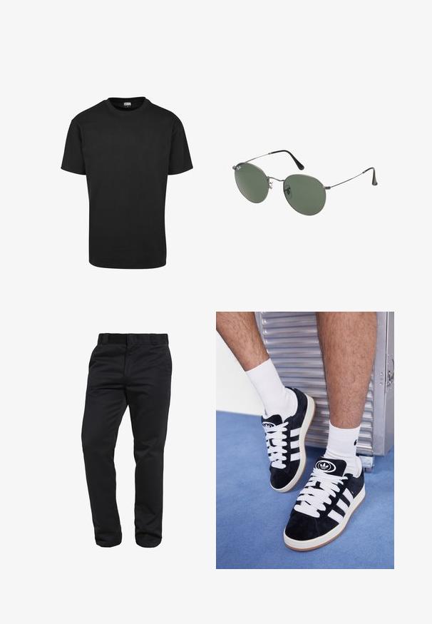 Juodas medvilnės marškinėliai su apvaliu iškirpimu, trumpomis rankovėmis ir tiesiu apatine dalimi. Lygus paviršius; paprastas, nepuošnus dizainas.; Juodos tiesios kojos kelnės, pagamintos iš lygaus audinio, su diržo kilpomis ir priekinėmis kišenėmis, turinčios švarią ir pritaikytą siluetą.; Juodos zomšos sportbačiai su baltais raišteliais ir trimis baltais dryžiais. Ant liežuvėlio yra apvalus juodas logotipas, o pado medžiaga – guminė.; Metaliniai akiniai su ovaliais žaliais lęšiais. Plonas sidabro spalvos metalinis rėmas ir juodi ausų laikikliai. Minimalistinis dizainas, be matomų logotipų.