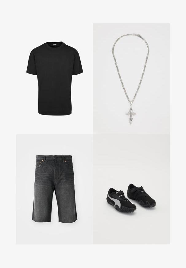 Crna pamučna majica s okruglim izrezom, kratkim rukavima i ravnim rubom. Glatka tekstura; jednostavan, neukrašen dizajn.; Tamne traperice tamnosive boje s ravnim krojem, pet džepova i narančastim šavovima sprijeda. Čist rub na manžetama.; Crne sportske cipele s teksturiranim potplatima, elegantnim siluetom i sivim akcentima; imaju sigurnosnu traku za pričvršćivanje i zatvaranje na vezanje.; Srebrna lančana ogrlica sa velikim, ukrašenim privjeskom u obliku križa s oštrim detaljima i sjajnom završnom obradom. Lanac je debeo i ravan.
