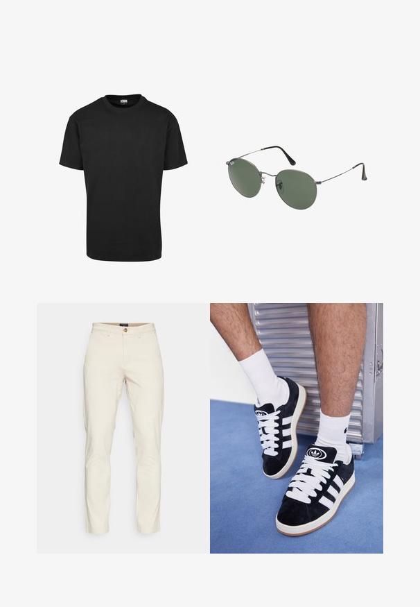 Juodas medvilnės marškinėliai su apvaliu iškirpimu, trumpomis rankovėmis ir tiesiu apatine dalimi. Lygus paviršius; paprastas, nepuošnus dizainas.; DOCKERS SMART FLEX MOTION SLIM - Chino stiliaus kelnės - sahara khaki; Juodos zomšos sportbačiai su baltais raišteliais ir trimis baltais dryžiais. Ant liežuvėlio yra apvalus juodas logotipas, o pado medžiaga – guminė.; Metaliniai akiniai su ovaliais žaliais lęšiais. Plonas sidabro spalvos metalinis rėmas ir juodi ausų laikikliai. Minimalistinis dizainas, be matomų logotipų.