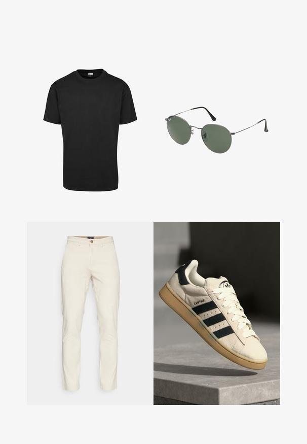 Sort bomulds T-shirt med rund halsudskæring, korte ærmer og lige kant. Glat tekstur; enkel, udekoreret design.; DOCKERS SMART FLEX MOTION SLIM - Chino - sahara khaki; Beige ruskinds sneaker med tre mørkeblå striber, hvide snørebånd og en tan farvet gummisål. Har et logo på tungen og teksten "CAMPUS".; Metalrammede solbriller med ovale grønne linser. Tynd sølvmetalramme og sorte ørepropper. Minimalistisk design, ingen synlige logoer.
