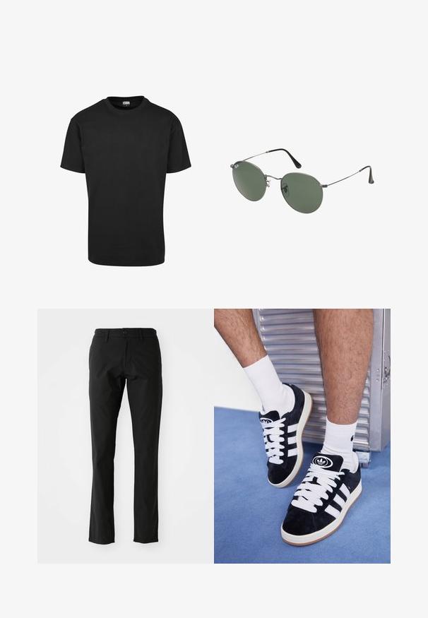 Zwarte katoenen T-shirt met een ronde hals, korte mouwen en een rechte zoom. Gladde textuur; eenvoudig, onafgebroken ontwerp.; Zwarte broek van lichtgewicht stof, met een rechte broekspijpenontwerp, sluiting met knoop aan de voorkant en zijzakken. Glad textuur.; Zwarte suède sneakers met witte veters en drie witte strepen. Heeft een cirkelvormig zwart logo op de tong en een gumrubberen zool.; Metalen zonnebril met ovale groene lenzen. Dunne zilveren metalen rand en zwarte oorstoppers. Minimalistisch ontwerp, zonder zichtbare logo's.