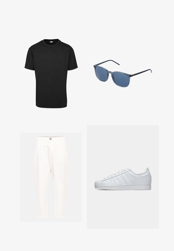 T-shirt noir en coton avec un col rond, des manches courtes et un ourlet droit. Texture lisse ; design simple et dépouillé.; Pantalon en coton blanc à coupe décontractée, avec une fermeture à bouton à l'avant, deux poches latérales et des poignets retroussés. Texture lisse et lignes épurées.; Baskets en cuir blanc avec un embout en caoutchouc texturé, trois bandes sur le côté et un col rembourré. Lacets blancs plats et design minimaliste.; Lunettes de soleil rectangulaires bleues avec des verres teintés gris, monture en plastique, accents métalliques et finition mate sur les branches.