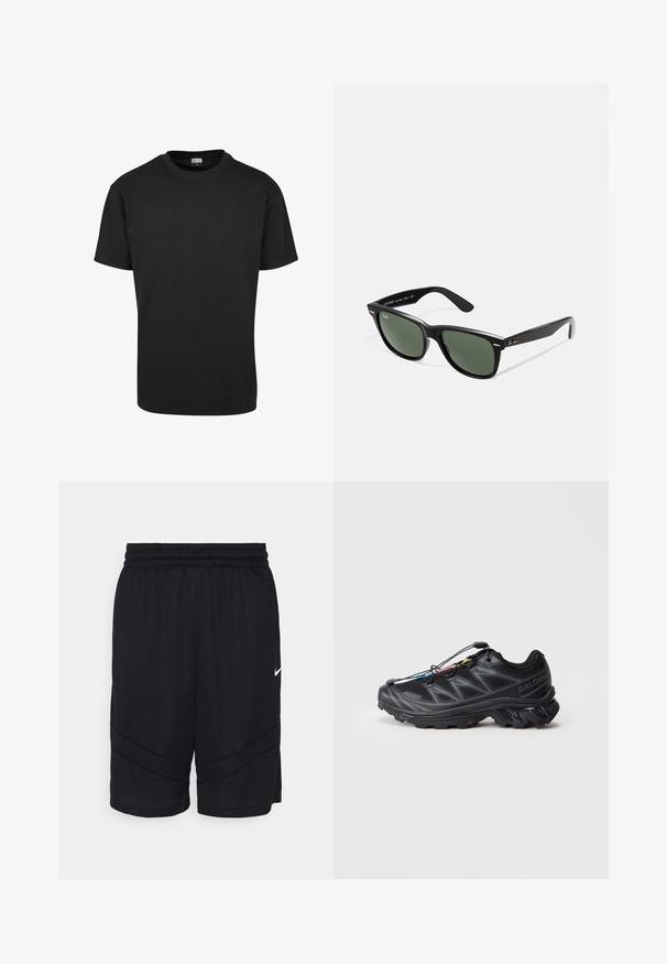 Maglietta nera in cotone con colletto rotondo, maniche corte e orlo dritto. Texture liscia; design semplice e privo di decorazioni.; Pantaloni sportivi neri con texture a rete, cintura elastica e design a strisce angolate sui lati. Include un piccolo logo bianco.; Scarpa sportiva nera con tomaia in mesh testurizzato, punta rinforzata e sistema di allacciatura rapida. Presenta una suola robusta e una leggera elevazione del tacco.; Occhiali da sole in plastica nera con lenti verdi, montatura quadrata, dettaglio argento sulla parte superiore e steli con texture. Marchio indicato sulla parte interna dello stelo.