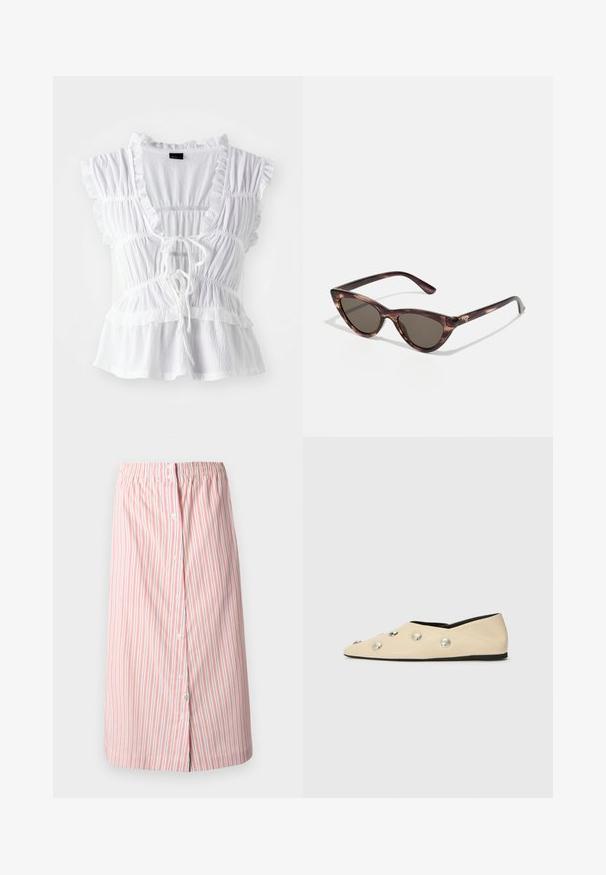Bela bluza z naborki na kratkih rokavih, strukturiranega materiala, globokim V-izrezom s kravato spredaj in večplastnim naborkom na robu.; Črtasta krila v beli barvi z rdečimi vertikalnimi črtami, z elastičnim pasom, sprednjimi gumbi in ravnim krojem, dolžina do kolen.; CLOSED Balerinke - ecru; Sončne očala v obliki mačjih oči z temnimi lečami in vzorcem mulja. Izdelana iz lahke plastike, z ozkimi ročaji in detajlom logotipa.; Tkaninska torba iz olivno zelene barve z prostornim, okroglim oblikovanjem in enim podolgovatim ročajem za nošenje. Teksturirana površina.