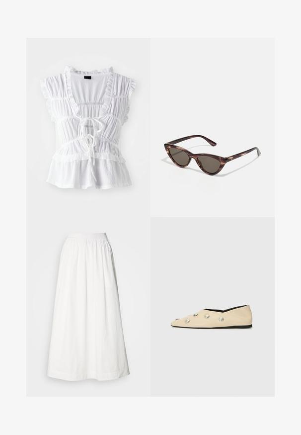 Balta blūze ar frillētām īsām piedurknēm, teksturētu audumu, dziļu V veida izgriezumu ar saišu priekšpusē un pakāpeniskām frillēm ap apakšmalu.; Baltas maksi svārki, kas izgatavoti no viegla auduma, ar savilktu elastīgu jostasvietu un plūstošu siluetu bez redzamām rakstu zīmēm.; CLOSED Balerīnas laiviņas - ecru; Kaķa acs saulesbrilles ar tumšiem objektīviem un bruņurupuča rakstu. Izgatavotas no viegla plastika, ar šaurām kājām un logotipa detāli.