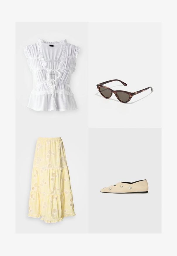 Balta blūze ar frillētām īsām piedurknēm, teksturētu audumu, dziļu V veida izgriezumu ar saišu priekšpusē un pakāpeniskām frillēm ap apakšmalu.; Dzeltena, slāņota svārku, kas izgatavota no viegla auduma, ar ziedu rakstiem un apļveida izgriezumiem. Elastīgs jostasvieta un mežģīņu apdare apakšmalā.; CLOSED Balerīnas laiviņas - ecru; Kaķa acs saulesbrilles ar tumšiem objektīviem un bruņurupuča rakstu. Izgatavotas no viegla plastika, ar šaurām kājām un logotipa detāli.