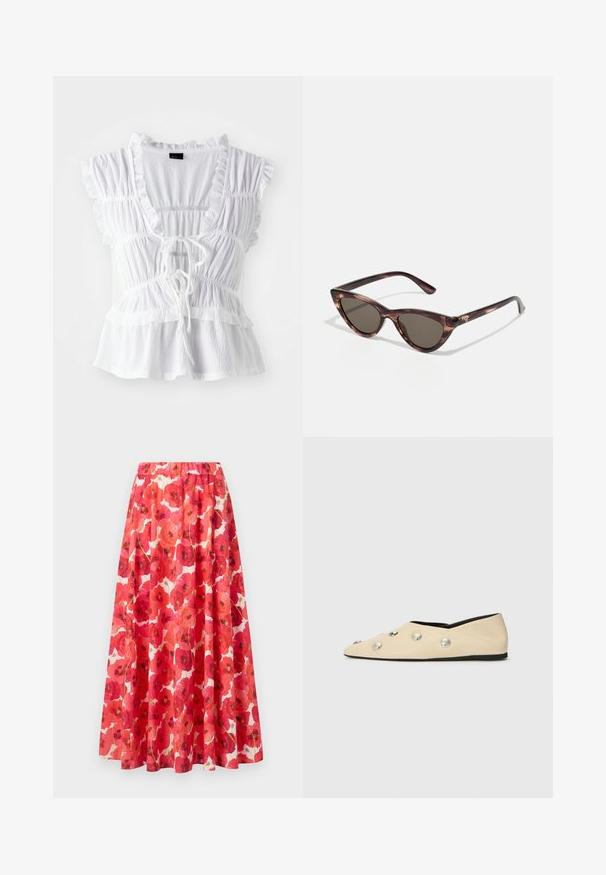 Fehér blúz, fodros rövid ujjal, texturált anyagból, mély V-nyakkal, megkötős elülső résszel és tiered fodros részletekkel az alján.; Rugalmas derékpánttal ellátott szoknya, piros és rózsaszín pipacsok virágmintájával, fehér háttéren. Áramló A-vonalú forma, könnyű anyag.; CLOSED Balerina cipők - ecru; Cica szemüveg sötét lencsékkel és teknőcpáncél mintával. Könnyű műanyagból készült, karcsú szárakkal és logó részlettel rendelkezik.; Szövet táska olívazöld színben, tágas, kerek formával és egy hosszú fogantyúval a könnyű hordozás érdekében. Texturált felület.