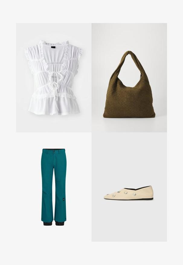 Biała bluzka z falbaniastymi krótkimi rękawami, teksturowanym materiałem, głębokim dekoltem w kształcie litery V z wiązaniem z przodu oraz warstwowymi falbanami na dole.; Turkusowe spodnie śniegowe o luźnym kroju, z czarnym pasem i dolnymi mankietami. Materiał jest wytrzymały z delikatną fakturą i boczną łatą z logo.; CLOSED - Baleriny; Torebka z tkaniny plecionej w oliwkowym kolorze o przestronnym, zaokrąglonym kształcie i jednym, wydłużonym uchwycie do noszenia. Teksturowana powierzchnia.