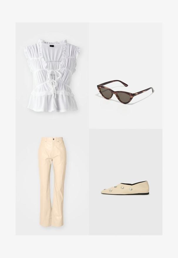 White blouse featuring ruffled short sleeves, textured fabric, a deep V-neck with a tie front, and tiered frill detailing at the hem.; Beige faux leather flared pants with a smooth texture, featuring front pockets, a button closure, and subtle shiny finish.; CLOSED Ballet pumps - ecru; Cat-eye sunglasses with dark lenses and a tortoiseshell pattern. Made from lightweight plastic, featuring slender temples and logo detail.; Woven fabric handbag in olive green with a spacious, rounded shape and a single, elongated handle for carrying. Textured surface.