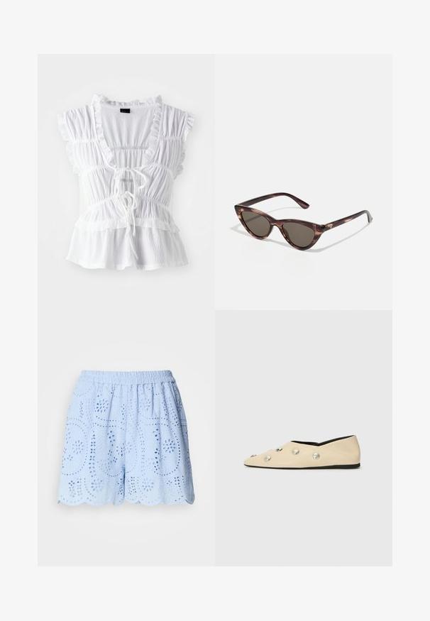 Weißes Blusenshirt mit rüschierten kurzen Ärmeln, strukturiertem Stoff, tiefem V-Ausschnitt mit Bindeband und gestuften Fransenverzierungen am Saum.; Hellblaue Baumwollshorts mit gestickten Ausschnittmustern, elastischem Bund und gewelltem Saum. Verfügt über florale und Blattdesigns.; CLOSED Klassischer Ballerina - ecru; Katzenaugen-Sonnenbrille mit dunklen Gläsern und einem Schildkrötenmuster. Hergestellt aus leichtem Kunststoff, mit schlanken Bügeln und Logodetails.; Gewebte Handtasche in Olivgrün mit einer geräumigen, runden Form und einem einzelnen, verlängerten Tragegriff. Strukturiere Oberfläche.