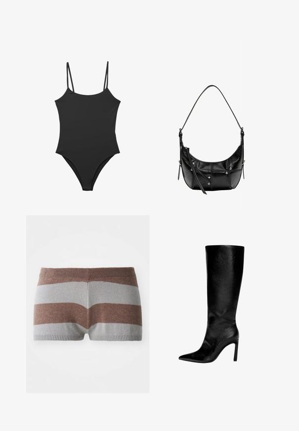 Schwarzer einteiliges Schwimmbad mit dünnen verstellbaren Trägern, einer glatten Textiloberfläche und einem hochgeschnittenen Beinschnitt. Minimalistischer Stil ohne Verzierung.; Gestrickte Shorts in grau und braunen Streifen. Mit einem eng anliegenden Bund und glatter Textur, mit ausgeprägtem Farbblockdesign.; Knöchelhoher schwarzer Lederstiefel mit spitzem Zeh, hohem Stöckelabsatz, glatter Oberfläche und einem einfachen, eleganten Design ohne Verzierungen.; Schwarze Leder-Schultertasche mit einer geschwungenen Form, die silberne Nieten und eine Stichverzierung aufweist. Verstellbarer Riemen für Vielseitigkeit.