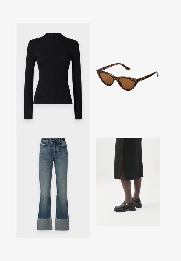 Top negro de manga larga con textura de canalé y cuello alto, con un detalle de cremallera en la parte posterior, que presenta una silueta ajustada y una textura suave.; Jeans de mezclilla acampanados en azul medio con cintura alta, cinco botones y dobladillo deshilachado. Presentan un puño más claro en la parte inferior y una textura desvanecida.; Zapatos de piel negra con punta redondeada, tacón grueso y bloque, y acentos elásticos en los laterales, combinados con unos pantys oscuros y una falda negra con una abertura.; Gafas de sol estilo ojo de gato con montura de carey negra y naranja, lentes marrones y puntas elegantes y afiladas. Presenta un logo minimalista en la patilla.