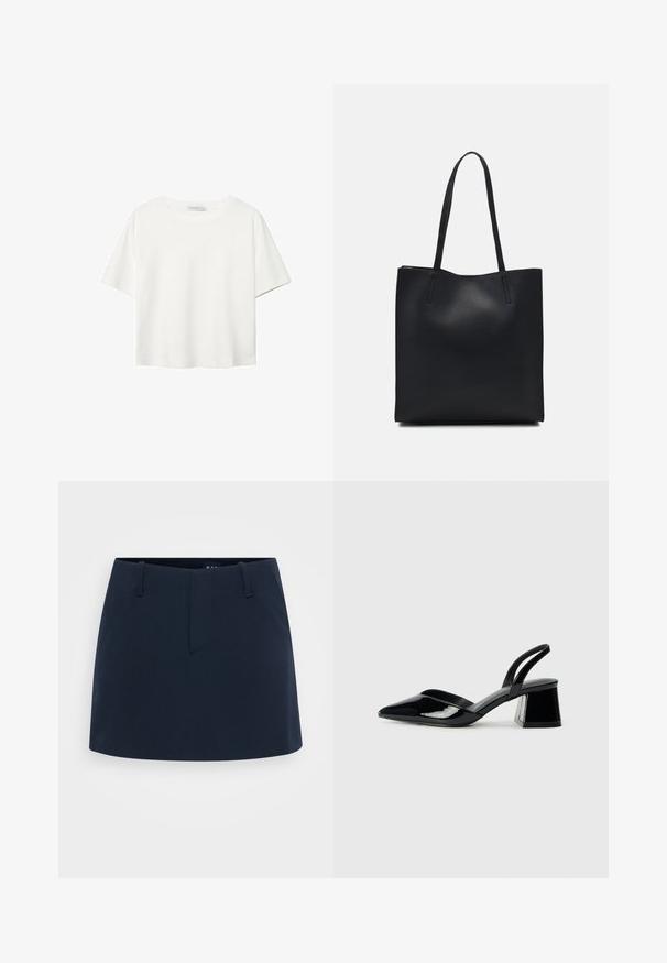 Bela kratka majica s kratkimi rokavi iz bombaža. Ima okroglo izrezovanje in sproščen kroj. Gladka tekstura brez vidnih vzorcev ali poudarkov.; Temno moderna krila z oprijetim dizajnom, ki ima ravno sprednjo stran, zanko za pas in brez vidnih žepov. Narejena iz strukturirane tkanine.; Črne lakirane slingback pete s koničastim nosom in geometrijsko blokasto peto. Imajo eleganten, minimalističen dizajn in gladko teksturo.; Črna usnjena torba s svilnato teksturo, pravokotne oblike in dvema dolgima ročajema. Brez vidnih metalnih delov ali okrasnih elementov.