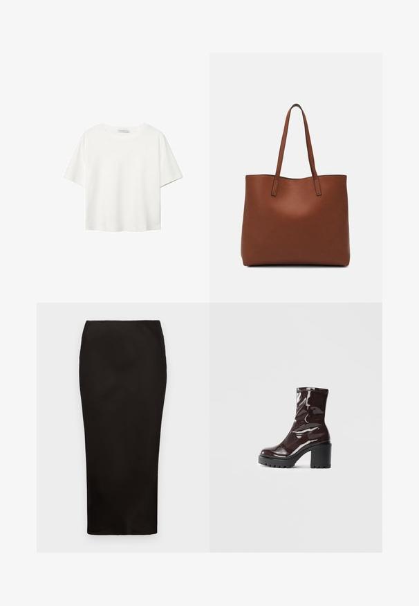 Bijela majica kratkih rukava od pamuka. Ima okrugli izrez i opušteni kroj. Glatka tekstura bez vidljivih uzoraka ili naglasaka.; Crna pencil suknja do koljena, izrađena od glatkog materijala s elastičnom ponekad, koja ima jednostavan, minimalistički dizajn i nema vidljivih kopči.; Sjajna burgundska čizma do gležnja s debelim crnim potplatom, koja se odlikuje glatkom teksturom i jednostavnim dizajnom. Nema vidljivih kopčanja ili uzoraka.; Smeđa kožna torba preko ramena s glatkom teksturom, otvorenim vrhom i dvjema naramenicama. Ima minimalne šavove i nema vidljivog hardvera.