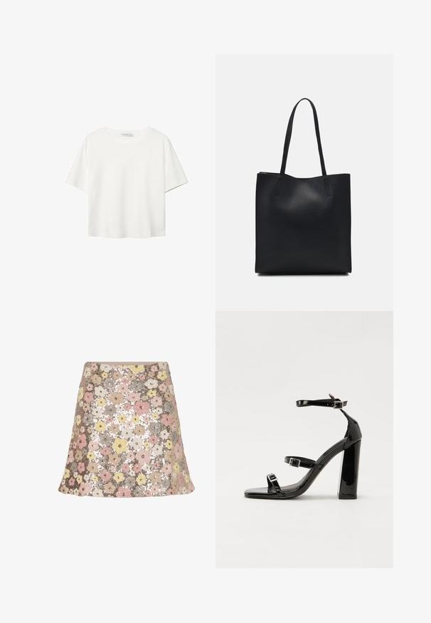 Bela kratka majica s kratkimi rokavi iz bombaža. Ima okroglo izrezovanje in sproščen kroj. Gladka tekstura brez vidnih vzorcev ali poudarkov.; Krila krilo s cvetličnim našitkom, ki ima razširjeno obliko. Barve vključujejo roza, rumeno, bež in sivo, z teksturirano, bleščečo površino.; Črne lakirane sandale s peto, kvadratnim prstom, trakovi okrog gležnja in srebrnimi zaponkami. Opremljene so s stabilno Debelo peto.; Črna usnjena torba s svilnato teksturo, pravokotne oblike in dvema dolgima ročajema. Brez vidnih metalnih delov ali okrasnih elementov.