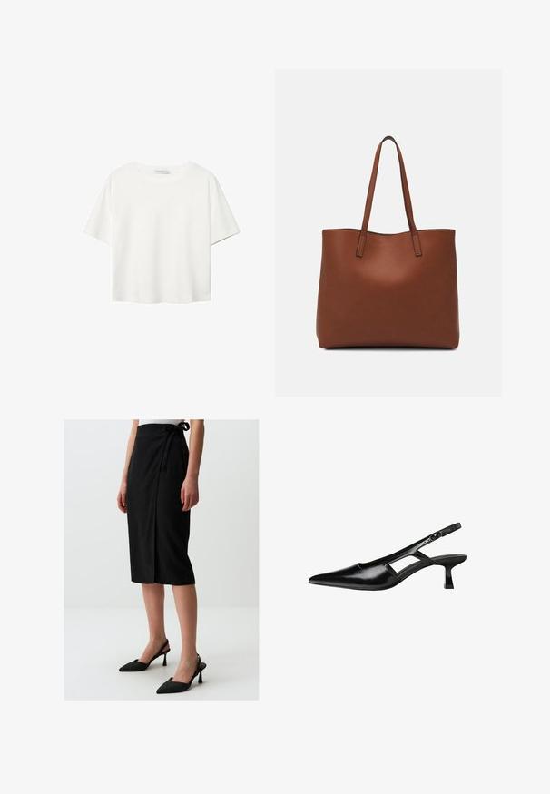 Weißes T-Shirt mit kurzen Ärmeln aus Baumwolle. Hat einen Rundhalsausschnitt und eine lockere Passform. Glatte Textur ohne sichtbare Muster oder Akzente.; Schwarzer Wickelrock aus strukturiertem Stoff, mit seitlicher Schnürung und knielangem Schnitt. Kombiniert mit schwarzen Slingback-Pumps mit spitzer Spitze.; Schwarze Lackleder-Slingback-High Heels mit spitzer Zehenform, ausgeschnittenem Seitendesign und kleinem Blockabsatz. Glatte Textur mit minimalen Akzenten.; Braune Leder-Tote mit glatter Textur, offenem Oberteil und zwei Schulterriemen. Verfügt über minimale Nähte und keine sichtbaren Beschläge.