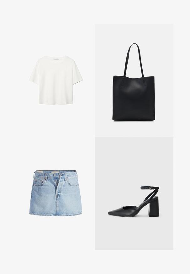 Witte korte mouwen t-shirt van katoen. Heeft een ronde halslijn en een ontspannen pasvorm. Glad textuur zonder zichtbare patronen of accenten.; Lichtblauwe denim rok met een aansluitende taille, vijf zakken, sluiting met knopen aan de voorkant en subtiele vervaging door de stof.; Zwarte leren puntige pump met een enkelbandje en een chunky hak. Vlakke textuur, strakke vormgeving en minimalistische esthetiek.; Zwarte leren handtas met een gladde textuur, rechthoekige vorm en twee lange handvaten. Geen zichtbare hardware of versieringen.