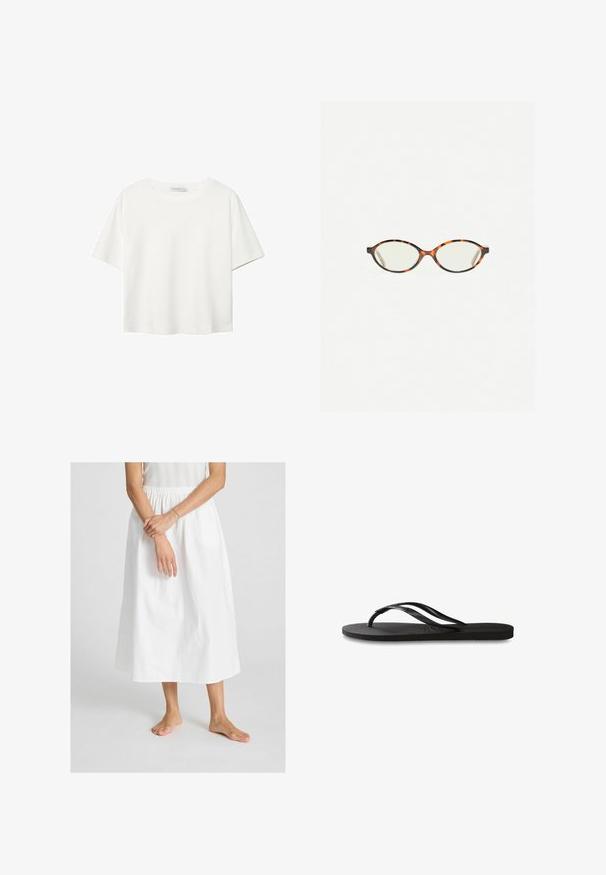 Bijela majica kratkih rukava od pamuka. Ima okrugli izrez i opušteni kroj. Glatka tekstura bez vidljivih uzoraka ili naglasaka.; Bijela, suknja do gležnja od pamuka s elastičnom trakicom. Glatka tekstura, s jednostavnim, lepršavim dizajnom.; Crne japanke s teksturiranom gumenenom potplatom, dva uska remena i suptilnim, urezanim logom na remenu.; Naočale u boji kornjače s ovalnim staklima i elegantnim, glatkim završetkom. Imaju tanke strane s suptilnom krivuljom na sljepoočnicama. Prozirna stakla.; Torbica od tan zamsha s dva dugačka ručka, pravokutnog oblika i dekorativnim šavovima. Ima bočni pojas i diskretne zlatne metalne akcenti.