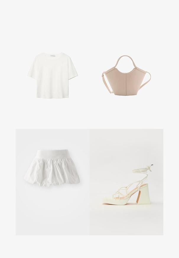 Biela krátkopsová tričko vyrobené z bavlny. Má okrúhly výstrih a voľný strih. Hladká textúra bez viditeľných vzorov alebo akcentov.; Biela mini sukňa vyrobená z ľahkého materiálu. Má zhrnutý, rozšírený dizajn s širokým pásom. Hladká textúra, žiadne viditeľné vzory.; Biele sandále na vysokom opätku s hrubým podpätkom, s pruhovaným dizajnom a viazaním na členku. Hladký povrch s platformou vpredu pre zvýšenú výšku.; Béžová kožená kabelka s unikátnym tvarom, vybavená dvoma krátkymi uchami a jedným dlhým nastaviteľným popruhom. Hladký povrch s minimálnym kovovým príslušenstvom.