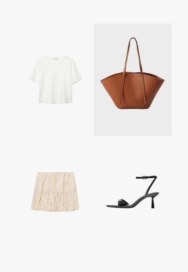 Valkoinen lyhythihainen T-paita, joka on tehty puuvillasta. Siinä on pyöreä kaula-aukko ja rento malli. Silkkinen pinta ilman näkyviä kuvioita tai koristeita.; Vale vaale beige-mokkanen hame elastisella vyötäröllä, jossa on pehmeä, teksturoitu kangas ja rento, pullistunut siluetti. Ei näkyviä kuvioita tai koristeita.; Bershka Korolliset sandaalit - black; Ruskea nahkabandi, jossa on leveä, jämäkkä muoto, ohuet kahvat ja teksturoitu pinta. Minimalistinen muotoilu, jossa ei ole näkyvää metalliosaa.