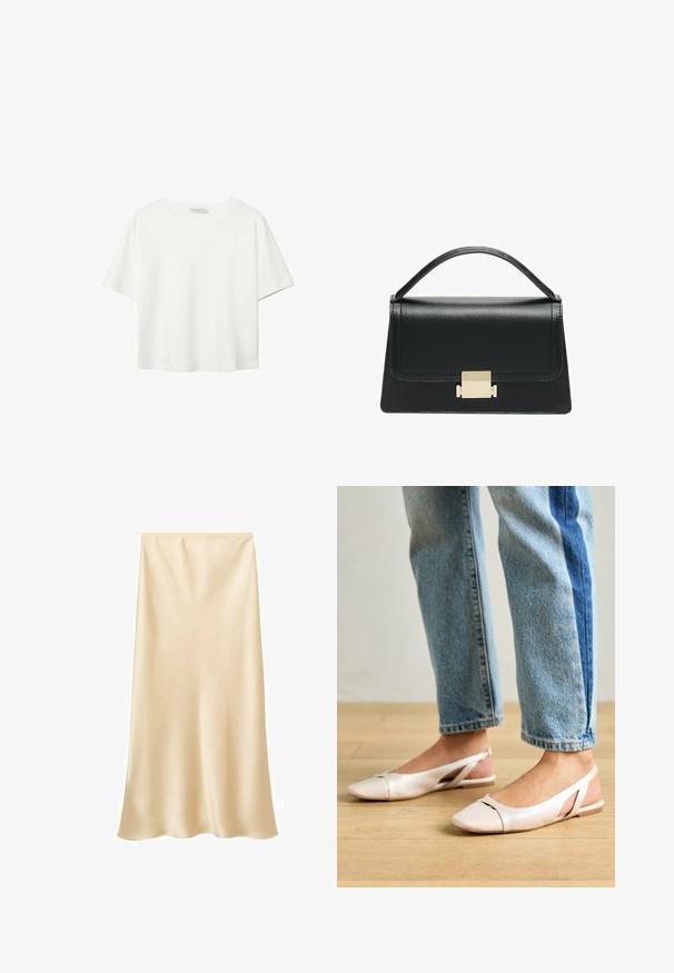 Weißes T-Shirt mit kurzen Ärmeln aus Baumwolle. Hat einen Rundhalsausschnitt und eine lockere Passform. Glatte Textur ohne sichtbare Muster oder Akzente.; Satin-Midirock in einem hellbeigen Farbton. Glatte Textur, fließendes Design mit einem leicht ausgestellt geschnittenen Saum. Keine sichtbaren Verschlüsse oder Verzierungen.; Blassrosa Slingback-Ballerinas mit spitzem Punkt, aus einem glatten, lederähnlichen Material. Mit Ausschnitten an den Seiten und einem flachen Absatz.; Schwarze Lederhandtasche mit strukturiertem Design, oberem Griff und einem goldenen Metallschnappverschluss auf der Vorderseite. Glatte Textur, minimale Nähte.