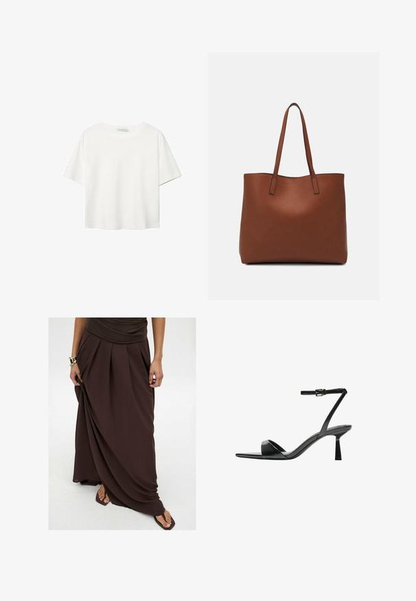 Witte korte mouwen t-shirt van katoen. Heeft een ronde halslijn en een ontspannen pasvorm. Glad textuur zonder zichtbare patronen of accenten.; Bruine maxi-jurk gemaakt van lichtgewicht stof met plooien, een vloeiende ontwerp en een elastische tailleband voor comfort.; Bershka Sandalen met hoge hak - black; Bruine leren tote bag met een gladde textuur, een ontwerp met een open bovenkant en twee schouderbanden. Kenmerkt zich door minimale stiksels en geen zichtbare hardware.