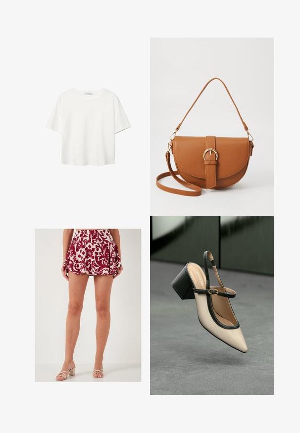 T-shirt bianco a maniche corte realizzato in cotone. Presenta un collo tondo e una vestibilità rilassata. Texture liscia senza motivi o dettagli visibili.; LELA SLIM FIT - Gonna a campana - red; Scarpa beige con punta a stivale, con rifiniture nere, fibbia dorata e tacco a blocco spesso su un pavimento grigio con sfondo verde scuro.; Borsa a tracolla in pelle marrone con forma curvata, hardware dorato e un dettaglio con fibbia. Presenta una tracolla rimovibile.