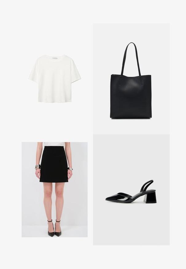 T-shirt bianco a maniche corte realizzato in cotone. Presenta un collo tondo e una vestibilità rilassata. Texture liscia senza motivi o dettagli visibili.; Gonna nera a campana con una texture liscia, vita aderente e cuciture laterali sottili. Abbinata a tacchi stiletto neri lucidi e bracciali argentati.; Décolleté in vernice nera con punta affusolata e tacco in geometria cubica. Presentano un design elegante e minimalista, con una texture liscia.; Borsa tote in pelle nera con texture liscia, forma rettangolare e due manici lunghi. Nessun hardware o decorazione visibile.