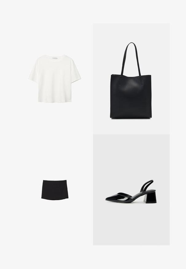 T-shirt blanc à manches courtes en coton. Doté d'un col ras du cou et d'une coupe décontractée. Texture lisse sans motifs ni accents visibles.; Minijupe noire en tissu lisse et extensible ; présente une coupe droite avec un ourlet subtil et sans fermetures ni motifs visibles.; Escarpins en cuir verni noir avec bout pointu et talon bloc géométrique. Présente un design élégant et minimaliste ainsi qu'une texture lisse.; Sac fourre-tout en cuir noir avec une texture lisse, de forme rectangulaire et deux longues poignées. Pas de matériel ou d'ornementations visibles.
