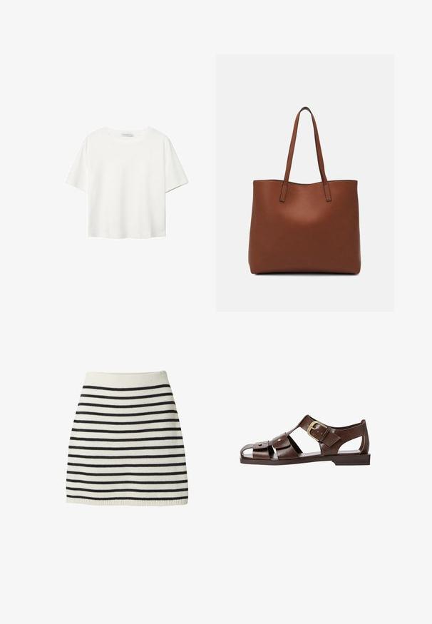 Weißes T-Shirt mit kurzen Ärmeln aus Baumwolle. Hat einen Rundhalsausschnitt und eine lockere Passform. Glatte Textur ohne sichtbare Muster oder Akzente.; Strickrock mit abwechselnd schwarzen und weißen horizontalen Streifen, einer figurschmeichelnden Passform und einem gerippten Bund mit geradem Saum.; Braune Leder-Sandale mit ausgeschnittenem Design, verstellbarem seitlichem Riemenverschluss und flacher Sohle, mit Metallakzenten und offenem Zehenbereich.; Braune Leder-Tote mit glatter Textur, offenem Oberteil und zwei Schulterriemen. Verfügt über minimale Nähte und keine sichtbaren Beschläge.