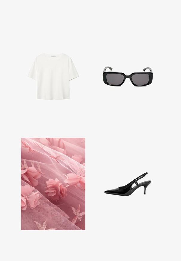 T-shirt bianco a maniche corte realizzato in cotone. Presenta un collo tondo e una vestibilità rilassata. Texture liscia senza motivi o dettagli visibili.; Tessuto di tulle rosa con applicazioni floreali e motivi di foglie ricamati, con una texture morbida e trasparente e un aspetto a strati.; Pumps slingback in vernice nera con punta affusolata, ritagli laterali aperti, tacco sottile e cinturino alla caviglia regolabile.; Occhiali da sole neri rettangolari con lenti scure, montatura in plastica liscia e tempie curve. Il design è voluminoso con un'estetica minimalista.