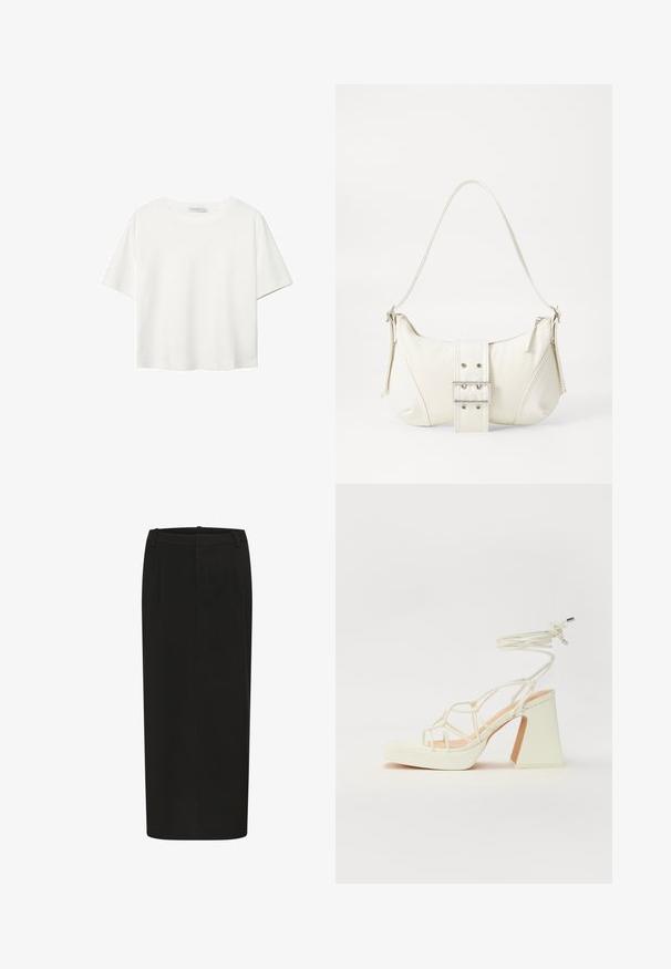 Bílý krátký rukáv tričko vyrobené z bavlny. Má kulatý výstřih a volný střih. Hladký materiál bez viditelných vzorů nebo akcentů.; Černá tužková sukně se rovnou siluetou, vyrobená z pevné látky, s předními légy a nízkým pasem. Bez viditelných zapínání.; Bílé sandály na vysokém podpatku s robustním podpatkem, s designem s pásky a zavazováním kolem kotníku. Hladký povrch s platformou vpředu pro zvýšení výšky.; Bílá kabelka na rameno s texturovaným povrchem, centrálním akcentem v podobě spony a zakřiveným tvarem. Zipové uzávěry na obou stranách.