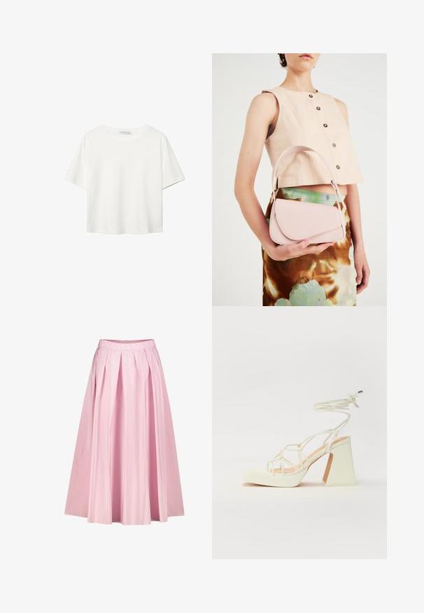Bela kratka majica s kratkimi rokavi iz bombaža. Ima okroglo izrezovanje in sproščen kroj. Gladka tekstura brez vidnih vzorcev ali poudarkov.; Roza plisirana midi krila s široko silhueto, izdelana iz lahkotnega materiala, z elastičnim pasom in skritim zadrgo na hrbtni strani.; Bela sandala na visokih petah s debelim petam, ki ima obliko trakcev in vezanje okoli gležnja. Gladka tekstura z platformo spredaj za dodatno višino.; Roza usnjena torbica s ukrivljenim poklopcem, enim naramnim trakom in čistimi linijami. Torbica se ponaša z gladko teksturo in minimalističnim dizajnom.