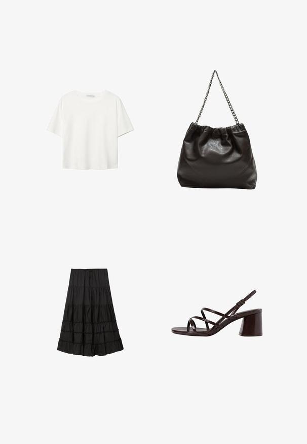 T-shirt bianco a maniche corte realizzato in cotone. Presenta un collo tondo e una vestibilità rilassata. Texture liscia senza motivi o dettagli visibili.; Gonna nera a strati realizzata in tessuto leggero, con vita regolabile tramite cordoncino, orli con volant e una silhouette fluida.; Sandalo con tacco alto e cinturini marrone, dotato di un tacco spesso, con una finitura liscia e lucida e numerosi cinturini incrociati sulla parte superiore.; Borsa in pelle marrone con parte superiore arricciata e tracolla a catena. Texture liscia con finitura lucida e dettagli di cucitura sottili sui lati.
