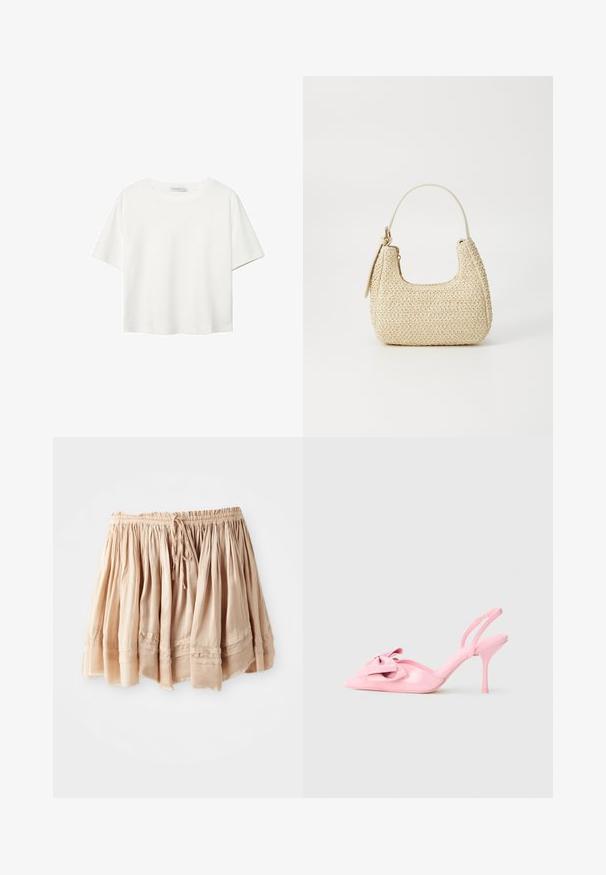 Weißes T-Shirt mit kurzen Ärmeln aus Baumwolle. Hat einen Rundhalsausschnitt und eine lockere Passform. Glatte Textur ohne sichtbare Muster oder Akzente.; Heller beiger, gestufter Rock aus weichem Stoff mit elastischem Bund und verstellbarem Kordelzug, der dezente Falten und genähte Akzente aufweist.; Rosa Lackleder Slingback-High Heels mit spitzer Zehenpartie, dekorativem Schleifenmotiv auf der Vorderseite und schlankem Stiletto-Absatz. Glatte Textur.; Beige geflochtene Strohtasche mit geschwungener Form, einem kurzen Griff und einem seitlichen Reißverschluss. Verfügt über eine strukturierte Oberfläche und ein minimalistisches Design.