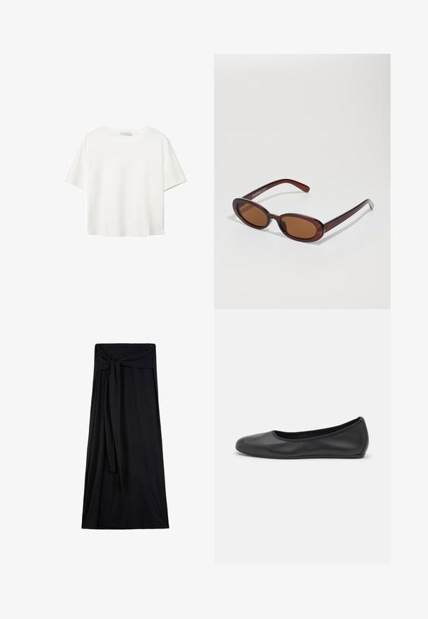 Biała koszulka z krótkim rękawem, wykonana z bawełny. Posiada okrągły dekolt i luźny krój. Gładka faktura bez widocznych wzorów czy akcentów.; Czarna max spódnica wykonana z miękkiego, elastycznego materiału. Posiada wiązane wykończenie w talii, swobodny krój oraz długość do kostek.; Czarne skórzane baletki z zaokrąglonym noskiem, gładką fakturą, minimalnymi przeszyciami i elastycznym designem podeszwy.; Okrągłe, brązowe okulary przeciwsłoneczne z błyszczącą bordową oprawą. Cienkie ramiona z subtelnym detalem marki. Płaski kształt soczewek.