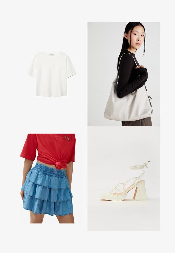 Hvid kortærmet t-shirt lavet af bomuld. Har en rund halsudskæring og en afslappet pasform. Glat tekstur uden synlige mønstre eller detaljer.; Lyseblå denimnederdel med tre lag af flæser, der har en elastisk talje og en glat tekstur. Sammen med en rød T-shirt med korte ærmer.; Hvide højhælede sandaler med en kraftig hæl, der har et stropdesign og ankelbinding. Glat tekstur med en platform foran for ekstra højde.; Beige håndtaske lavet af blødt materiale med et slouchy design, stikninger og to skulderremme. Velegnet til daglig brug.
