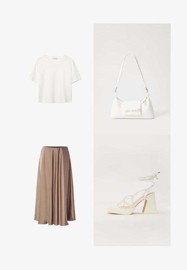 Biela krátkopsová tričko vyrobené z bavlny. Má okrúhly výstrih a voľný strih. Hladká textúra bez viditeľných vzorov alebo akcentov.; Dlhá A-čková sukňa vyrobená z hladkej, lesklej látky vo svetlo béžovej farbe. Má elastický pás a voľný splývavý strih.; Biele sandále na vysokom opätku s hrubým podpätkom, s pruhovaným dizajnom a viazaním na členku. Hladký povrch s platformou vpredu pre zvýšenú výšku.; Biela syntetická kabelka s trojuholníkovým tvarom, plochým predným klapkou a detailom mašle, nastaviteľným popruhom, hladkou textúrou a minimalistickým dizajnom.