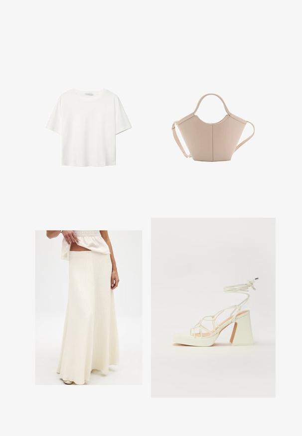 Hvid kortærmet t-shirt lavet af bomuld. Har en rund halsudskæring og en afslappet pasform. Glat tekstur uden synlige mønstre eller detaljer.; Creme, lang maxi nederdel med en struktureret finish. Har en tætsiddende talje og flydende silhuet, parret med en løs, livlig top.; Hvide højhælede sandaler med en kraftig hæl, der har et stropdesign og ankelbinding. Glat tekstur med en platform foran for ekstra højde.; Lysebrun læderhåndtaske med en unik form, featuring to korte håndtag og et langt justerbart rem. Glat tekstur med minimal hardware.