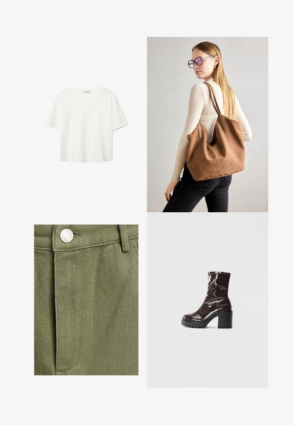 Bijela majica kratkih rukava od pamuka. Ima okrugli izrez i opušteni kroj. Glatka tekstura bez vidljivih uzoraka ili naglasaka.; TUSSAH SAWYER - Suknja A kroja - sage green; Sjajna burgundska čizma do gležnja s debelim crnim potplatom, koja se odlikuje glatkom teksturom i jednostavnim dizajnom. Nema vidljivih kopčanja ili uzoraka.; Smeđa suede torba sa mekom teksturom, širokim otvorom i dugim trakama. Ima jednostavan dizajn s vidljivim šavovima i bez hardvera.