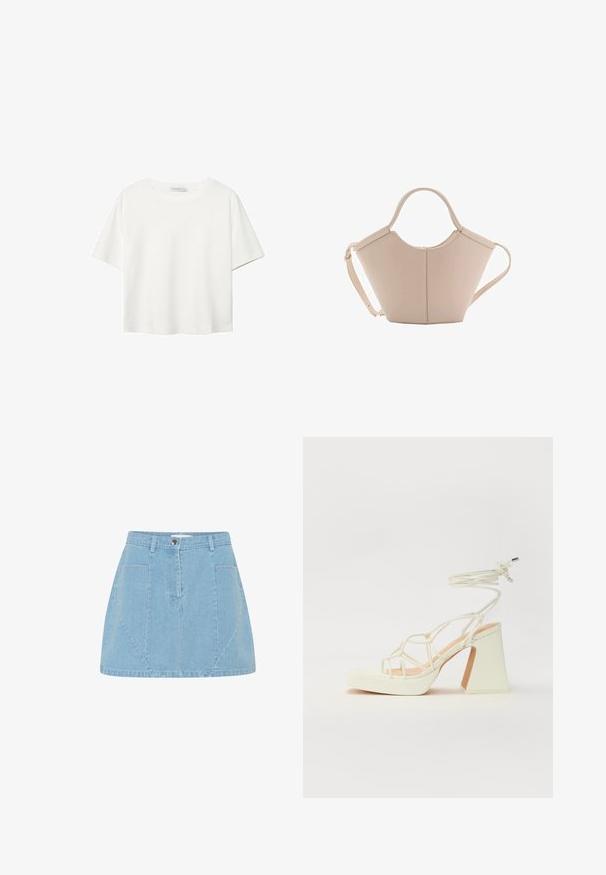 Biela krátkopsová tričko vyrobené z bavlny. Má okrúhly výstrih a voľný strih. Hladká textúra bez viditeľných vzorov alebo akcentov.; Svetlo modrá džínová sukňa s vysokým pásom, prednými vreckami a jemným panelovým detailom, so strieborným zapínaním na gombík.; Biele sandále na vysokom opätku s hrubým podpätkom, s pruhovaným dizajnom a viazaním na členku. Hladký povrch s platformou vpredu pre zvýšenú výšku.; Béžová kožená kabelka s unikátnym tvarom, vybavená dvoma krátkymi uchami a jedným dlhým nastaviteľným popruhom. Hladký povrch s minimálnym kovovým príslušenstvom.