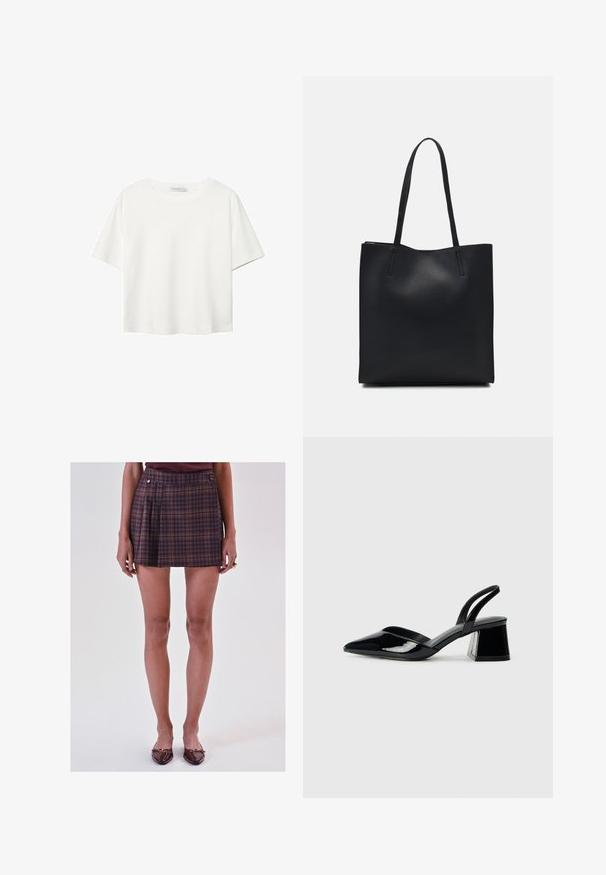 T-shirt bianco a maniche corte realizzato in cotone. Presenta un collo tondo e una vestibilità rilassata. Texture liscia senza motivi o dettagli visibili.; Donna che indossa una mini gonna a quadri viola con pieghe, abbinata a un top bordeaux e a delle scarpe basse bordeaux lucide con fibbie.; Décolleté in vernice nera con punta affusolata e tacco in geometria cubica. Presentano un design elegante e minimalista, con una texture liscia.; Borsa tote in pelle nera con texture liscia, forma rettangolare e due manici lunghi. Nessun hardware o decorazione visibile.
