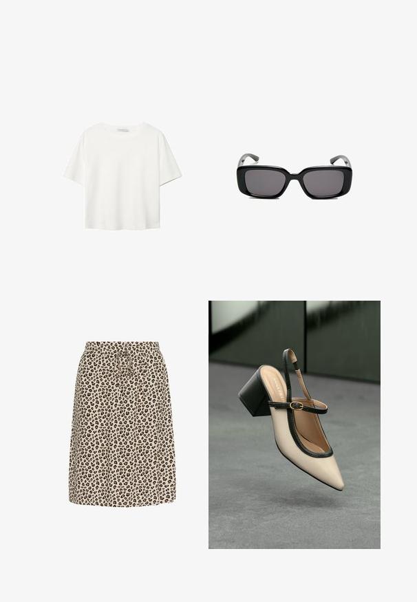 Bela kratka majica s kratkimi rokavi iz bombaža. Ima okroglo izrezovanje in sproščen kroj. Gladka tekstura brez vidnih vzorcev ali poudarkov.; Krilo v leopardjem vzorcu v bež barvi, z elastičnim pasom in vezalko. Narejeno iz lahkega materiala z mehkobo.; Bežna slingback čevlja z uskim sprednjim delom, črnimi detajli, zlatim zaponko in debelim blokovskim peto na sivi tleh s temno zeleno ozadje.; Črne pravokotne sončne očala z temnimi lečami, gladkim plastičnim okvirjem in ukrivljenimi nogicami. Oblika je robustna in minimalistična.
