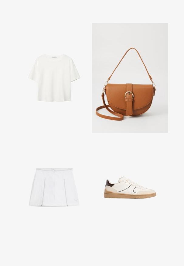 White short-sleeve t-shirt made of cotton. Features a crew neckline and a relaxed fit. Smooth texture with no visible patterns or accents.; White athletic skirt with a flat waistband, zipper pockets on both sides, and a logo detail at the bottom right. Smooth, lightweight fabric.; Stradivarius Trainers - white; Brown leather crossbody bag with a curved shape, gold hardware, and a buckle accent. Features a detachable shoulder strap.