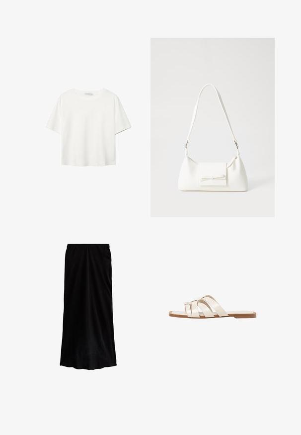 Witte korte mouwen t-shirt van katoen. Heeft een ronde halslijn en een ontspannen pasvorm. Glad textuur zonder zichtbare patronen of accenten.; Zwarte, vloerlange rok van zachte, vallende stof met een gladde textuur; uitgerust met een elastische tailleband voor een comfortabele pasvorm.; Vlakke sandalen met een tan rubberen zool, ontworpen met drie overlappende witte leren banden en een kleine strikdetail in het midden.; Witte synthetische handtas met een driehoekige vorm, platte voorklep en strikdetail, verstelbare schouderriem, gladde textuur en minimalistisch ontwerp.