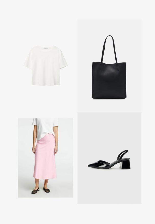 T-shirt blanc à manches courtes en coton. Doté d'un col ras du cou et d'une coupe décontractée. Texture lisse sans motifs ni accents visibles.; Jupe midi rose clair en tissu lisse, avec une coupe droite. Associée à des chaussures noires à enfiler en osier. T-shirt blanc partiellement visible.; Escarpins en cuir verni noir avec bout pointu et talon bloc géométrique. Présente un design élégant et minimaliste ainsi qu'une texture lisse.; Sac fourre-tout en cuir noir avec une texture lisse, de forme rectangulaire et deux longues poignées. Pas de matériel ou d'ornementations visibles.