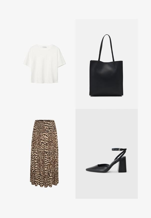 White short-sleeve t-shirt made of cotton. Features a crew neckline and a relaxed fit. Smooth texture with no visible patterns or accents.; Leopard print maxi skirt with a smocked waistband and tiered ruffle hem, featuring shades of beige, brown, and black in a soft fabric.; Black leather pointy-toe pump with an ankle strap and a chunky heel. Flat texture, sleek design, and minimalistic aesthetics.; Black leather tote bag with smooth texture, rectangular shape, and two long handles. No visible hardware or embellishments.